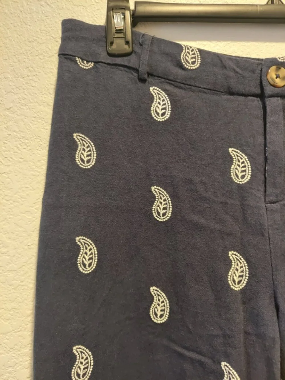 Calligraphie Linen Blend Paisley Wide Leg Cropped Pants Blue Coastal Nautical - Picture 13 of 13